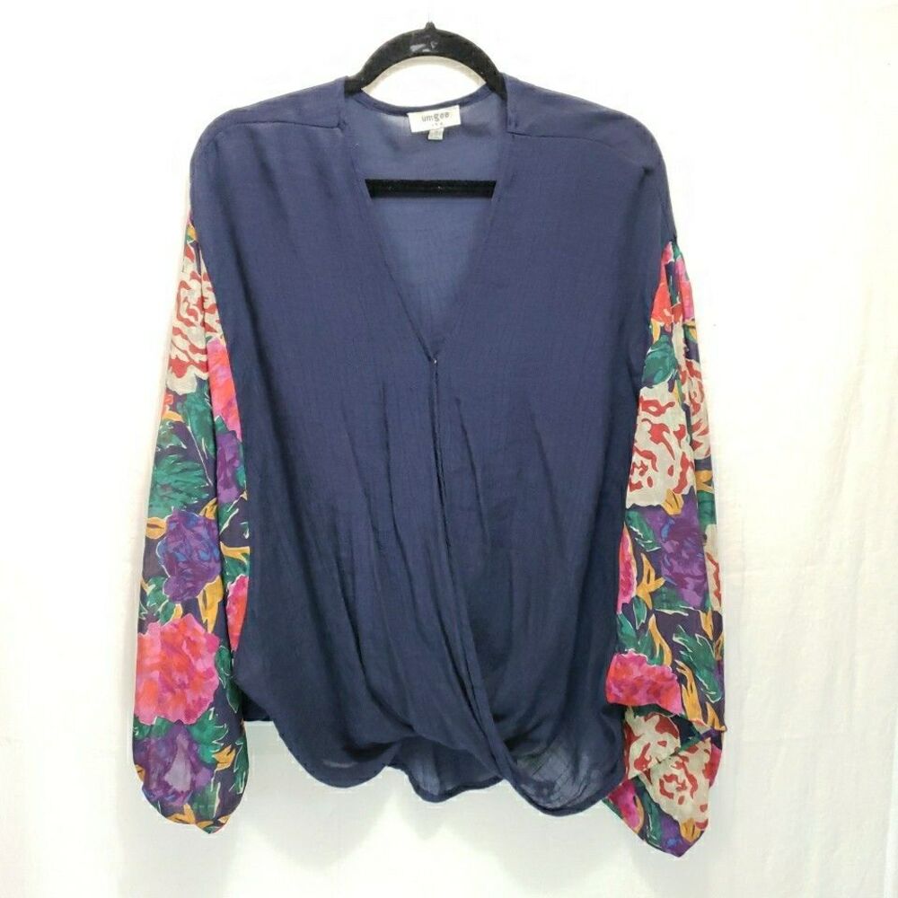 Umgree Floral Sleeve Faux Wrap Top S Small Navy Blue Gauze Sheer Dolman Sleeve